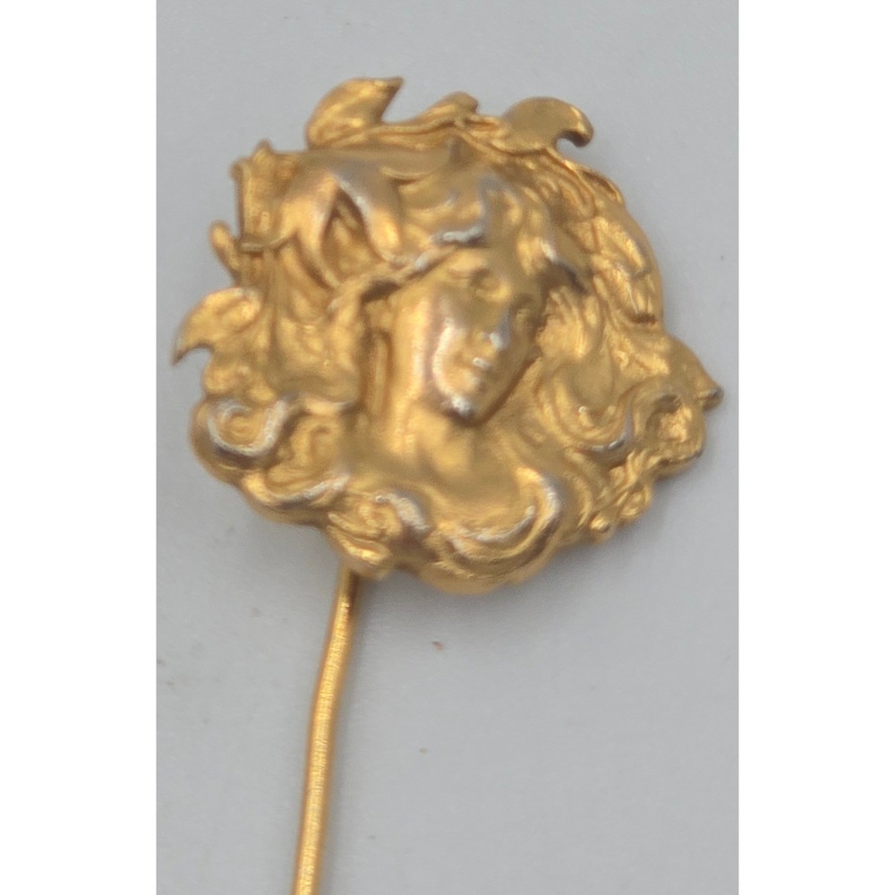 Art Nouveau Stick Pin Floating Hair Maiden Lady Face Gold Tone Antique